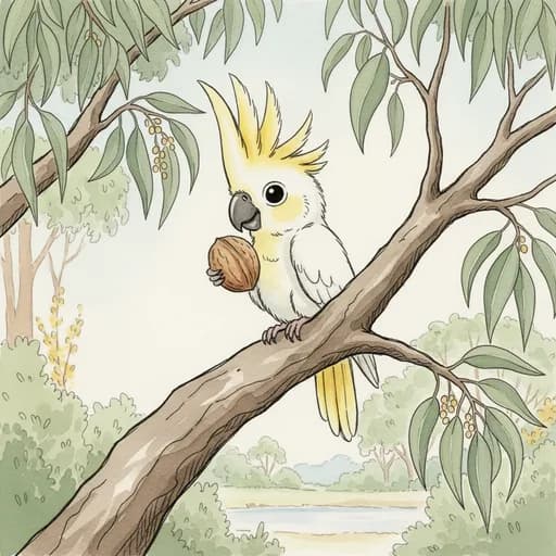 Baby cockatoo perched in a gum tree holding a walnut.
