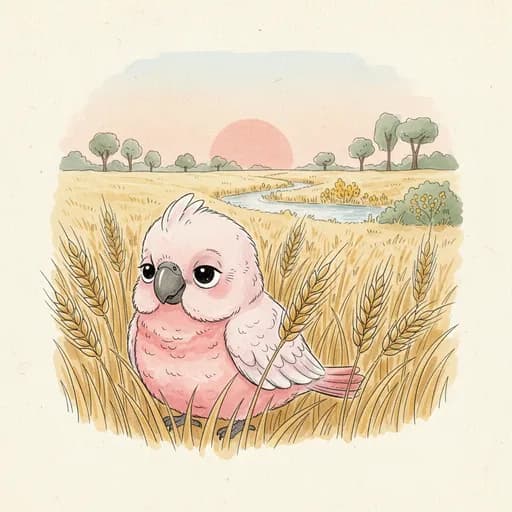 Baby galah holding a single wheat stalk in a wheat field at dusk.